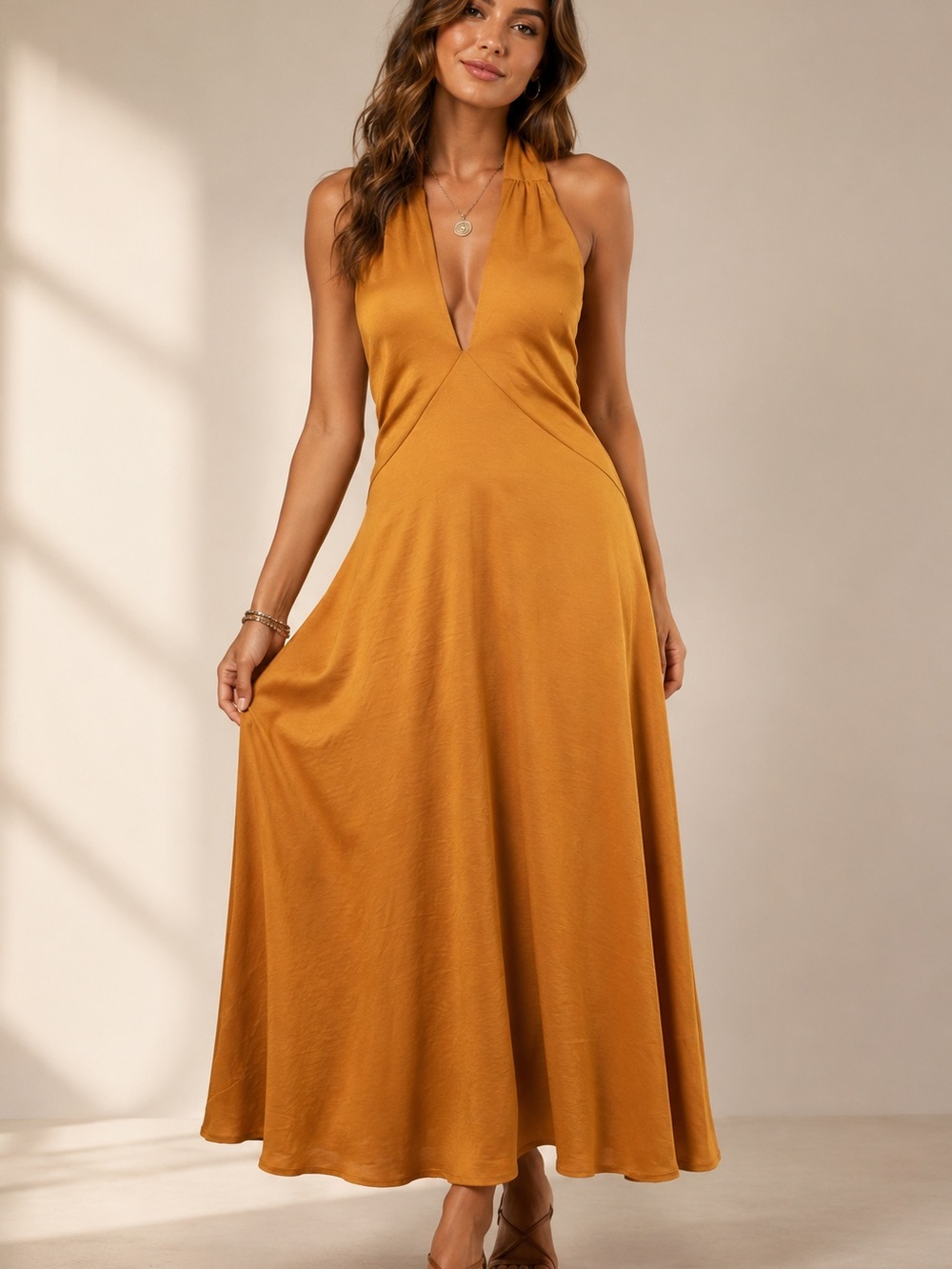 House of Harlow 1960 rust orange satin halter maxi dress plunging medium s2